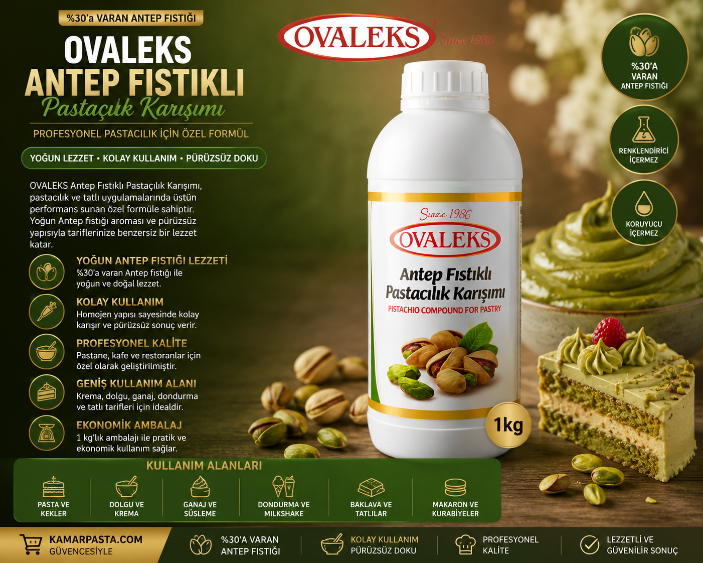 Ovaleks Antep Fıstıklı Pastacılık Karışımı 1 Kg – Yoğun Fıstık Aromalı Profesyonel Krema Bazı