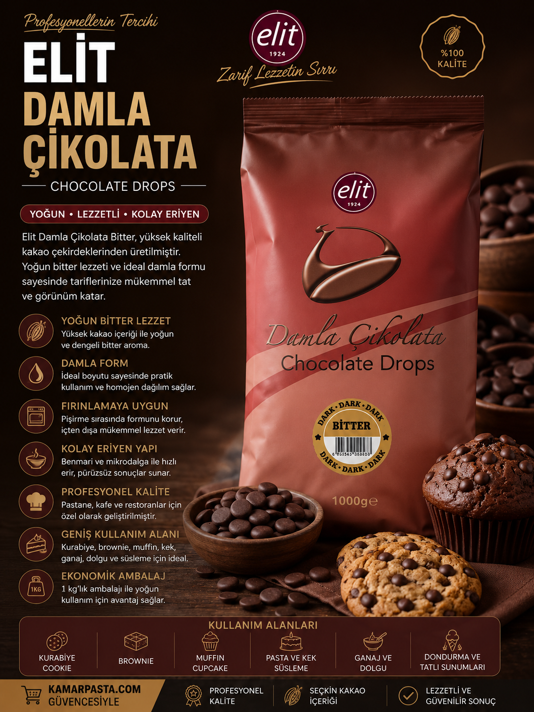 Elit Damla Çikolata Bitter 1 Kg – Profesyonel Chocolate Drops