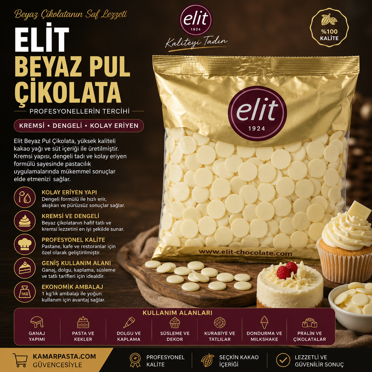 Elit Beyaz Pul Çikolata 1 Kg – Profesyonel Pastacılık İçin Kolay Eriyen White Chocolate