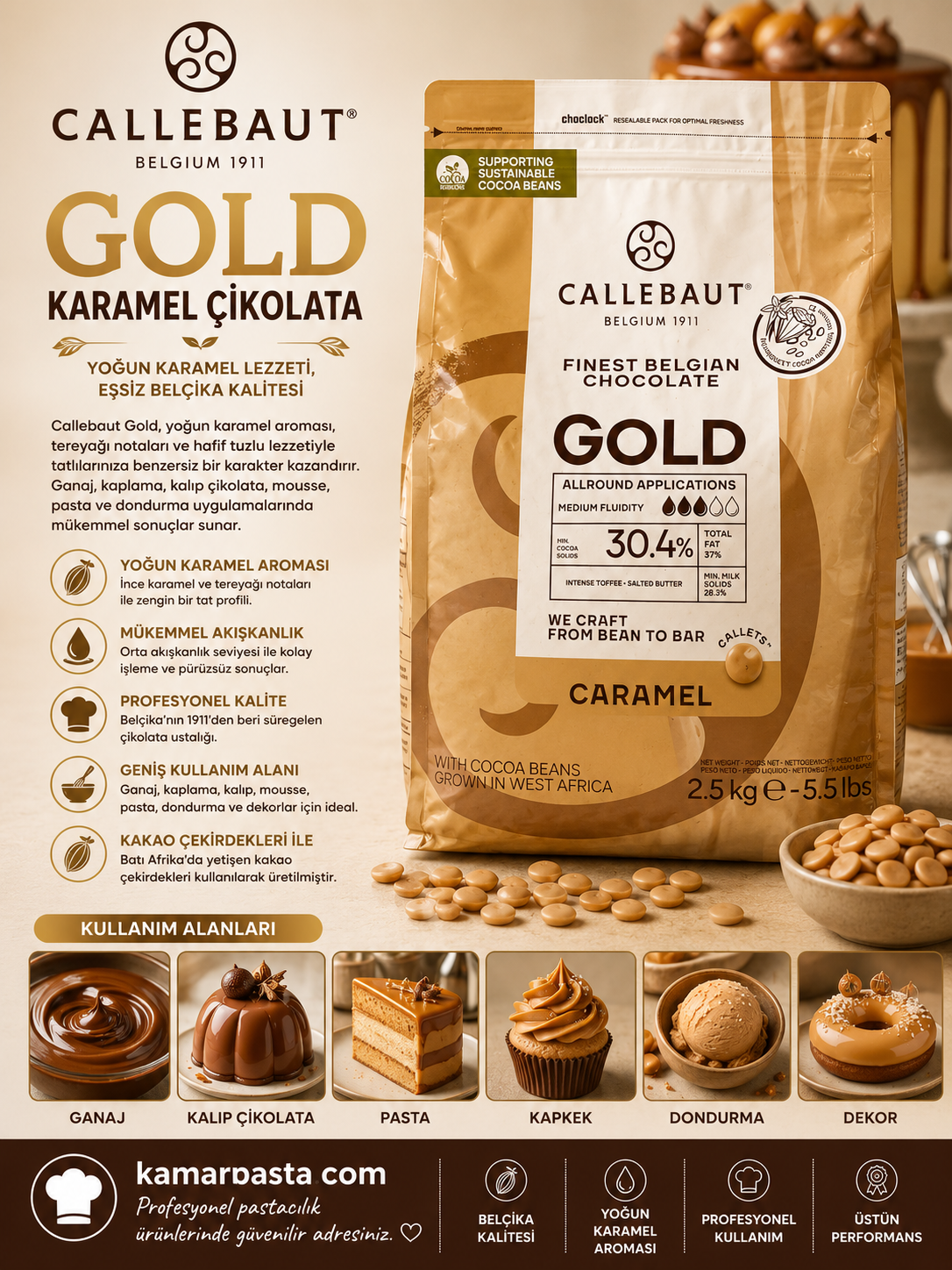 Callebaut Gold Karamel Çikolata 2,5 kg – Belçika Çikolatası