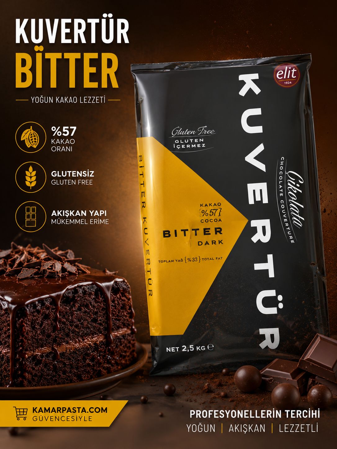 Kuvartür Bitter Çikolata 57% Kakao – Glutensiz, 2,5 kg Profesyonel Kuvertür