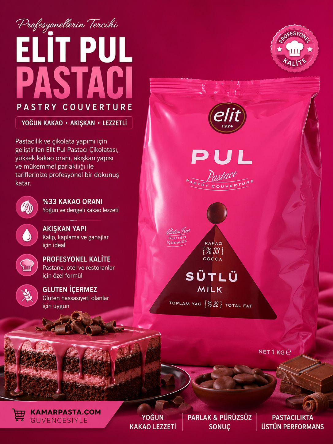 Elit Pul Pastacı Sütlü Kuvertür Çikolata 1 Kg – Profesyonel Pastacılık İçin Akışkan ve Lezzetli