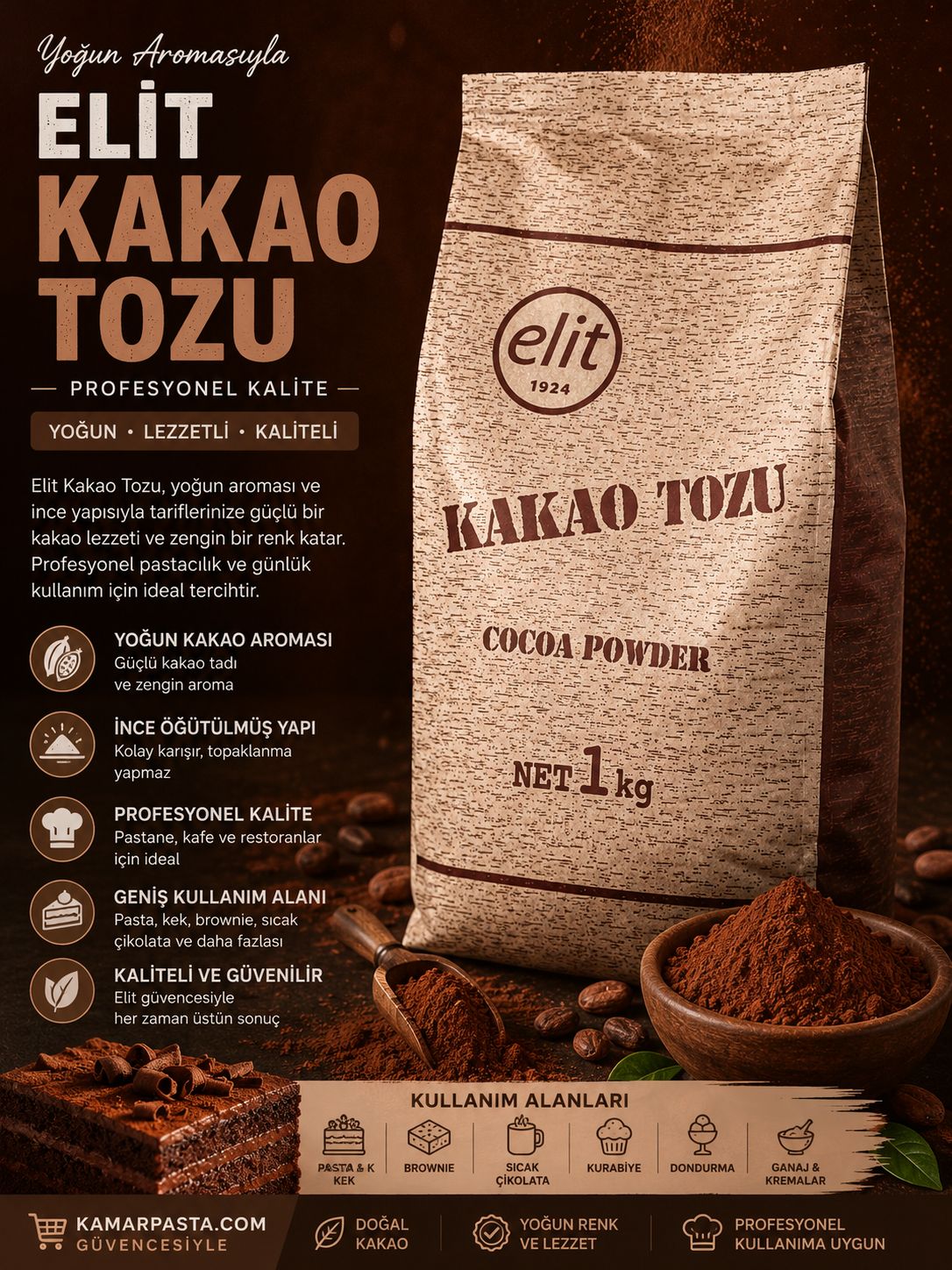 Elit Kakao Tozu 1 Kg – Yoğun Aromalı Profesyonel Cocoa Powder