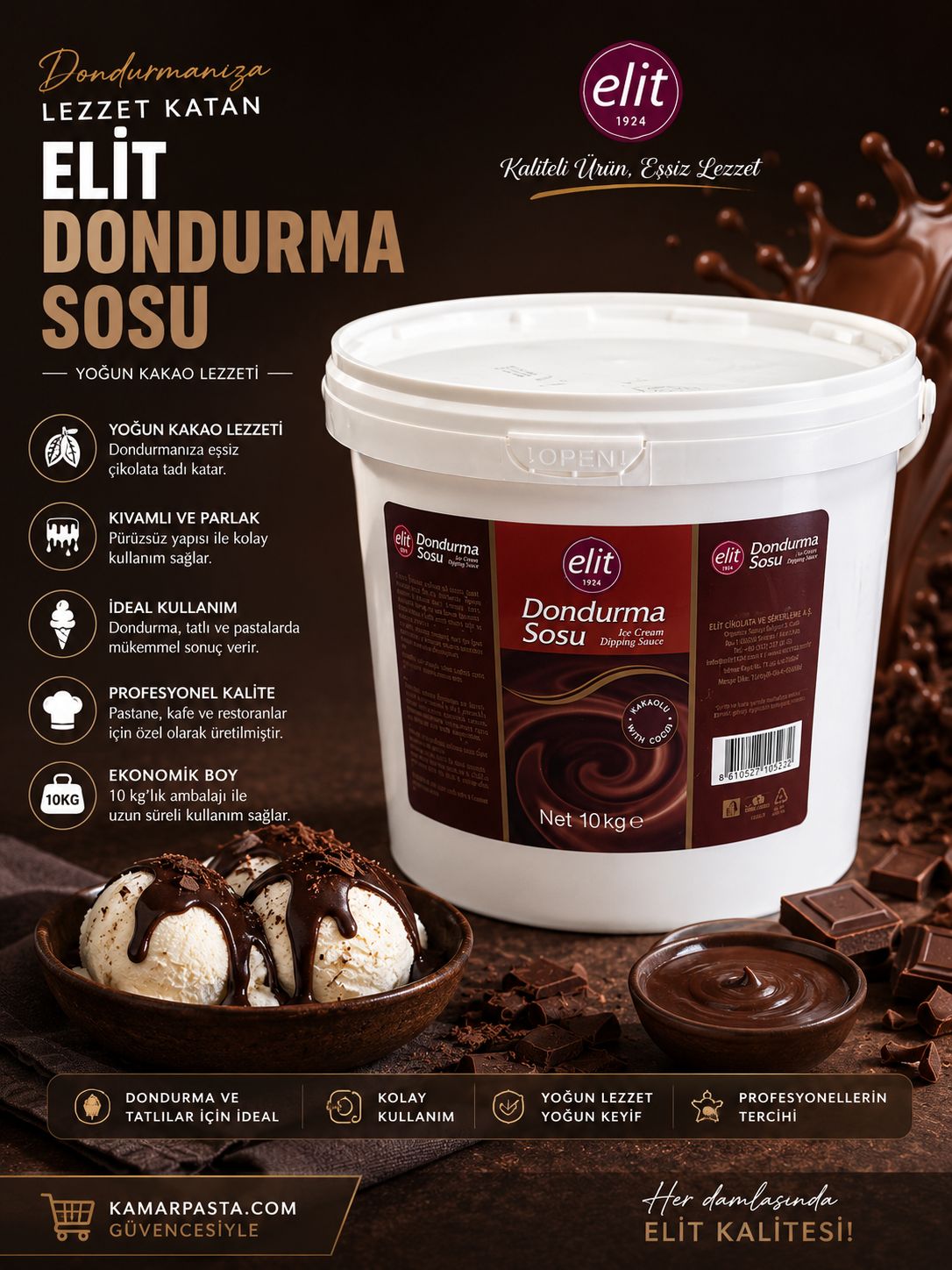 Elit Dondurma Sosu 10 Kg – Yoğun Kakao Lezzetli Profesyonel Ice Cream Sauce
