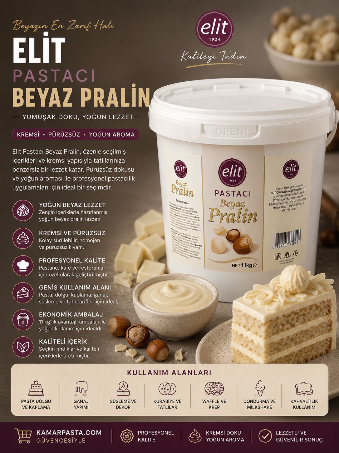 Elit Pastacı Beyaz Pralin 11 Kg – Kremsi ve Yoğun Aromalı Profesyonel Pralin