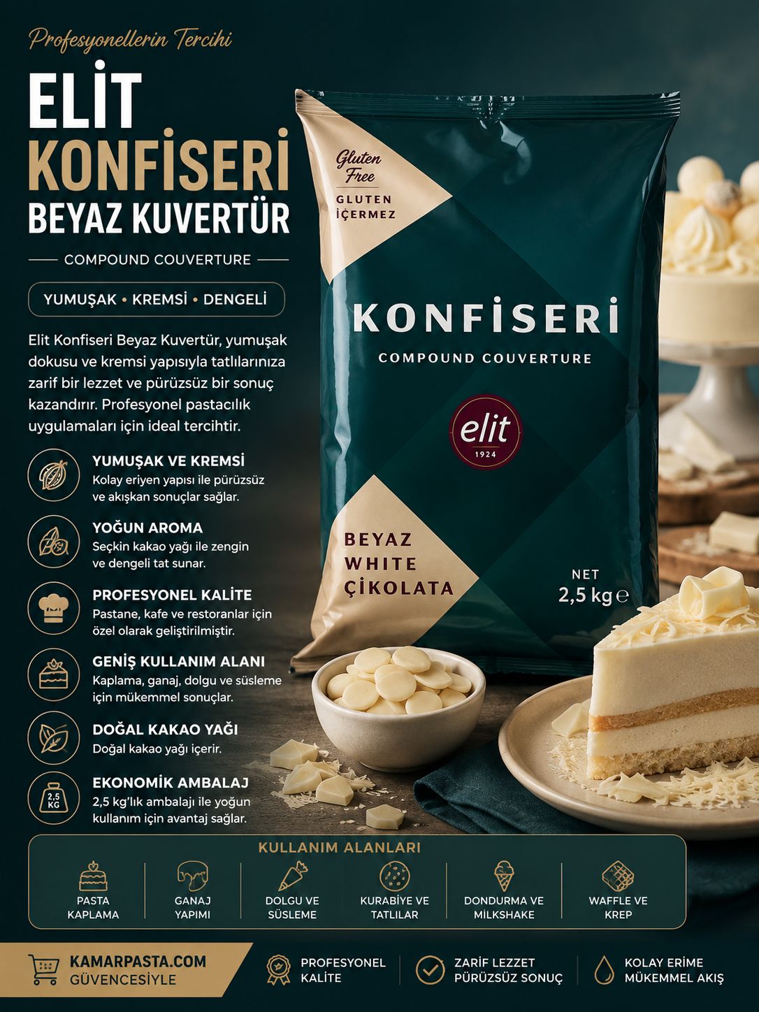 Elit Konfiseri Beyaz Kuvertür 2,5 Kg – Profesyonel Compound Couverture