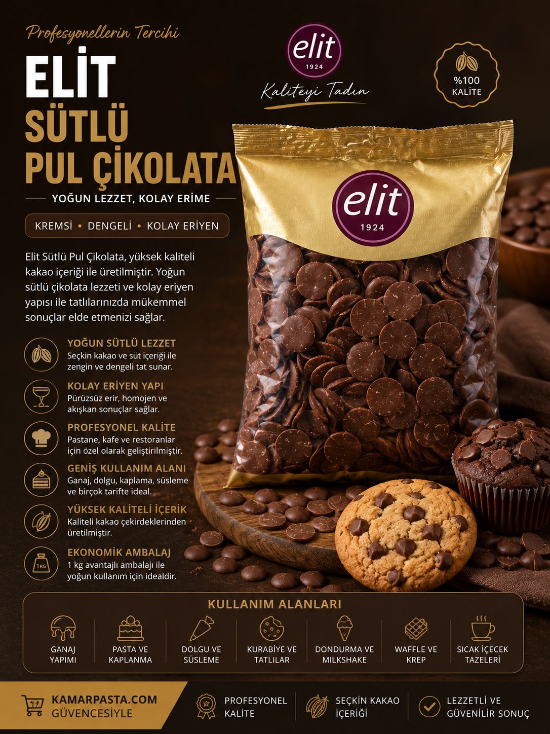 Elit Sütlü Pul Çikolata 1 Kg – Profesyonel Pastacılık İçin Kolay Eriyen Çikolata
