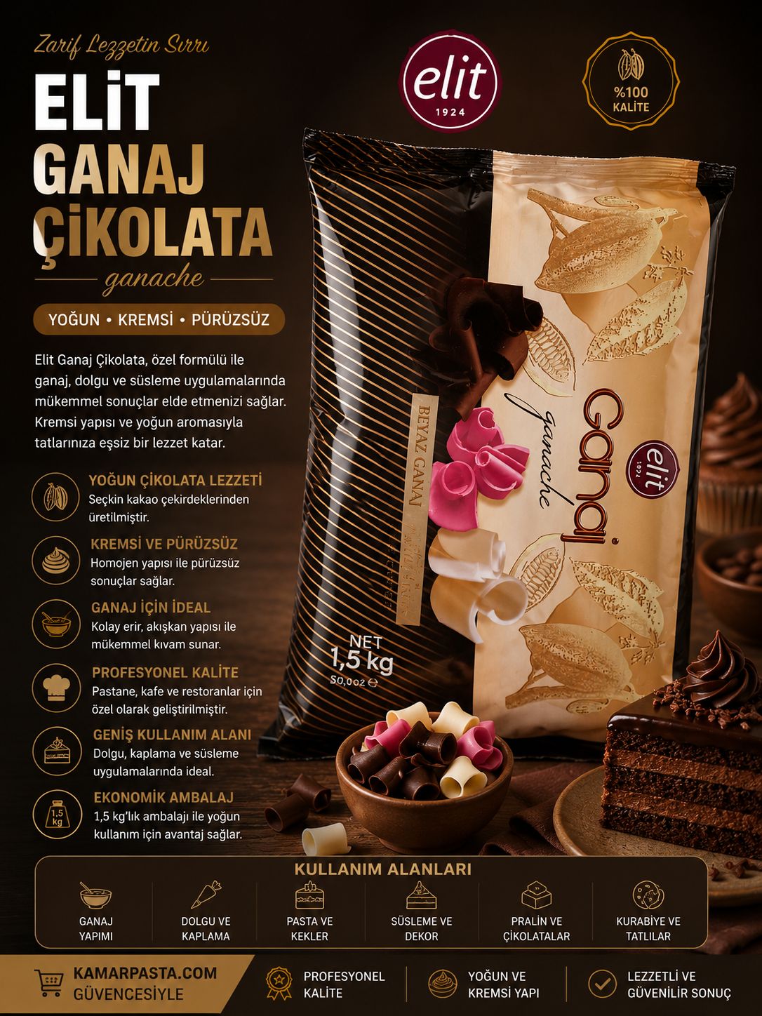 Elit Ganaj Çikolata 1,5 Kg – Kremsi ve Yoğun Aromalı Profesyonel Ganache
