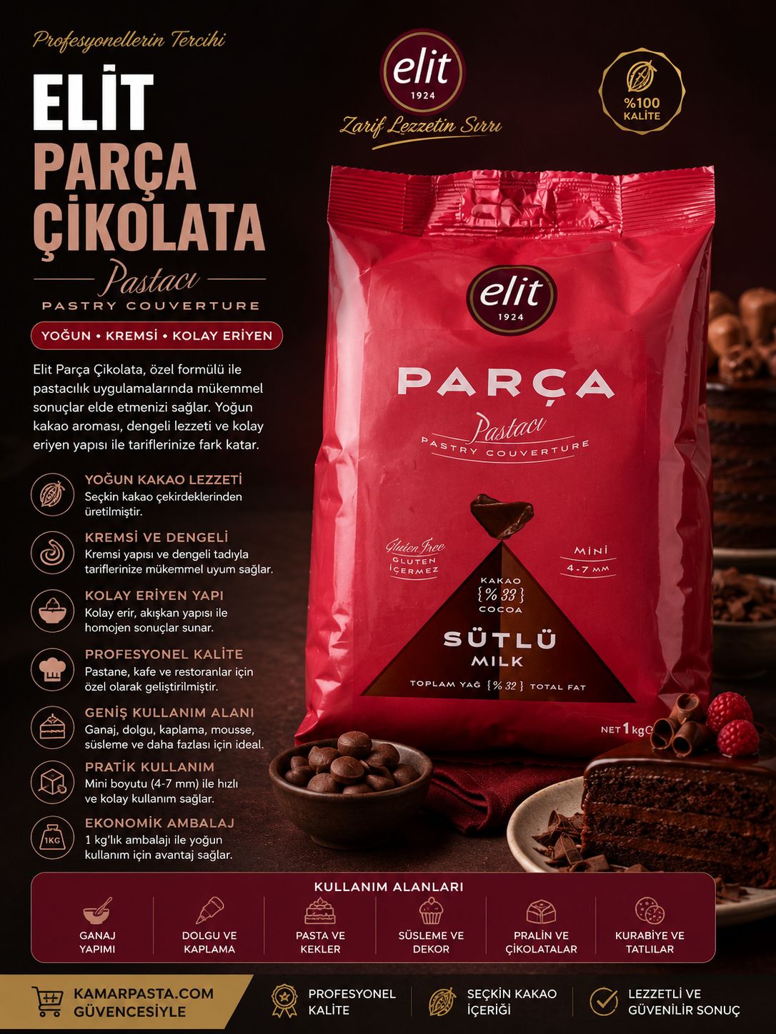Elit Pastacı Parça Çikolata Sütlü 1 Kg – Profesyonel Kuvertür Çikolata