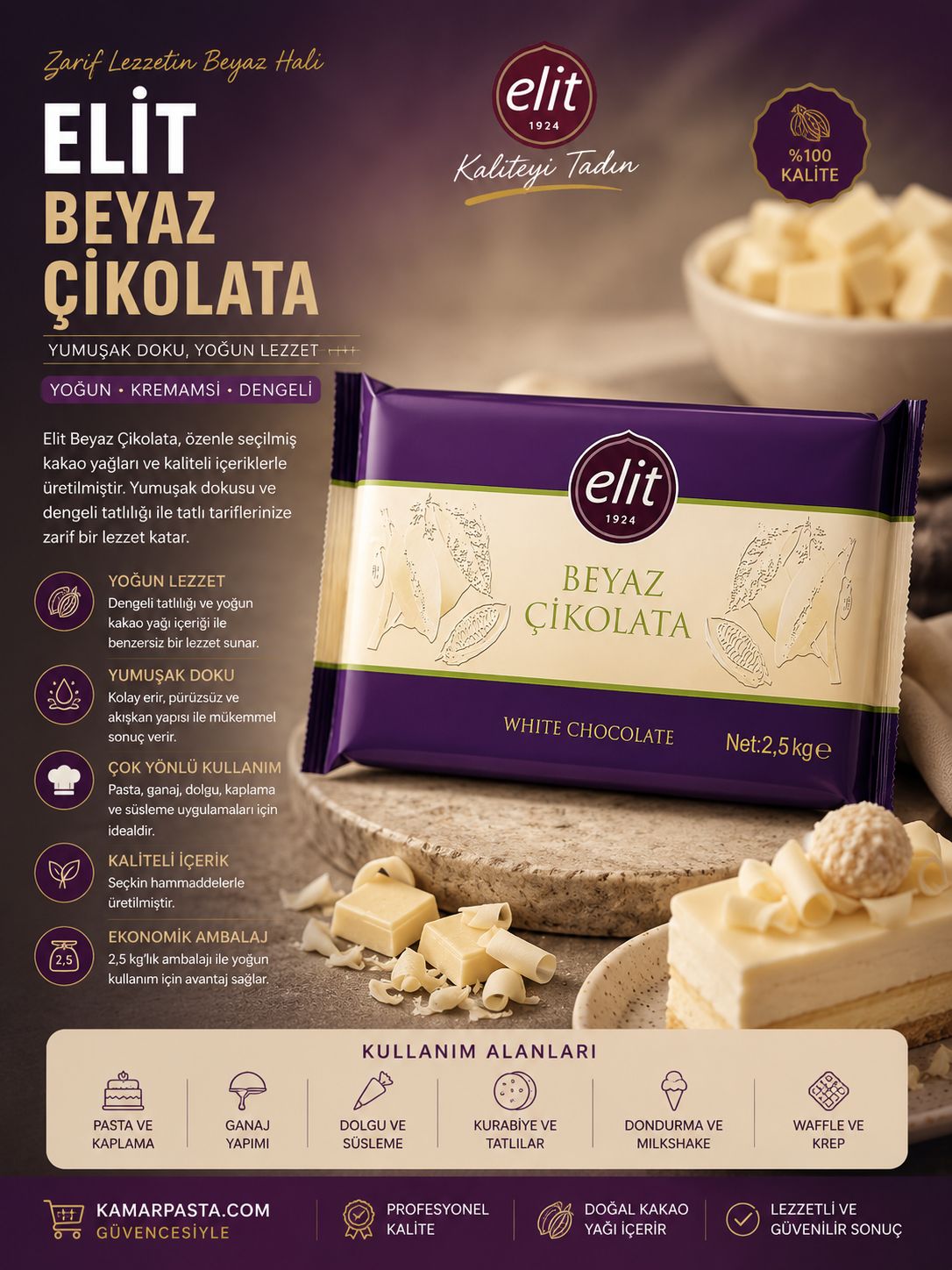Elit Beyaz Çikolata 2,5 Kg – Profesyonel White Chocolate Kuvertür
